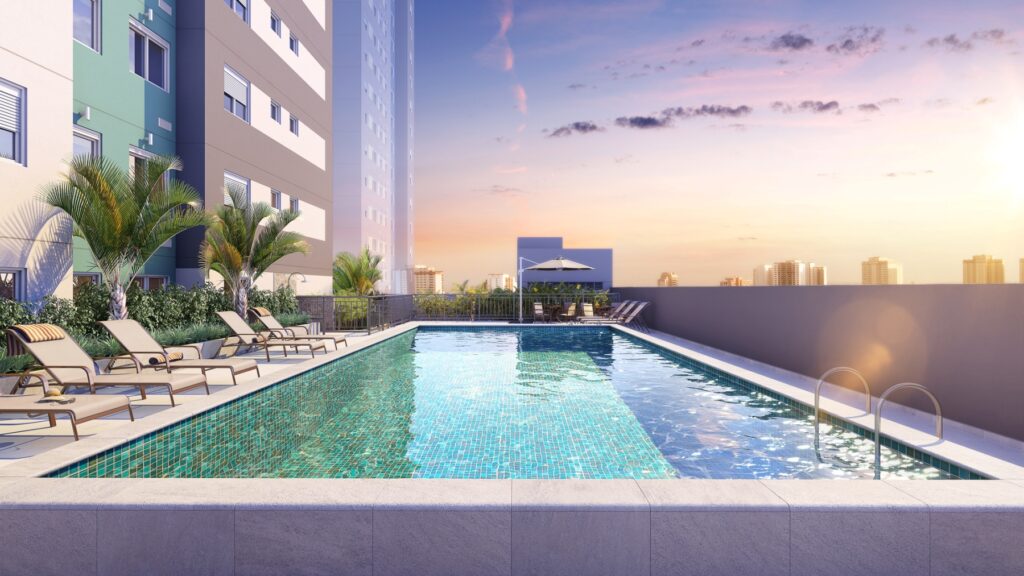 morar em são paulo Piscina do Pátio Central, empreendimento da Direcional em São Paulo/SP