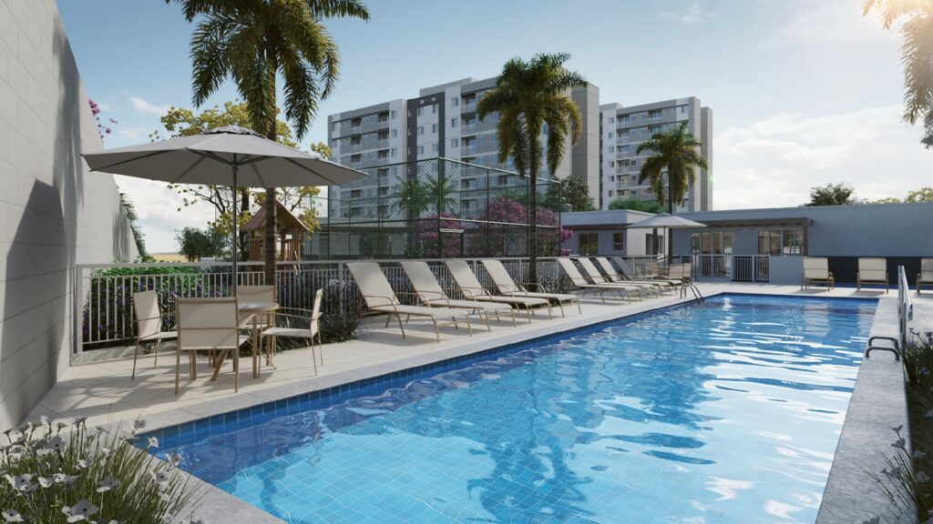 Imagem da piscina do Solaris Condomínio Parque, empreendimento da Direcional em Campinas
