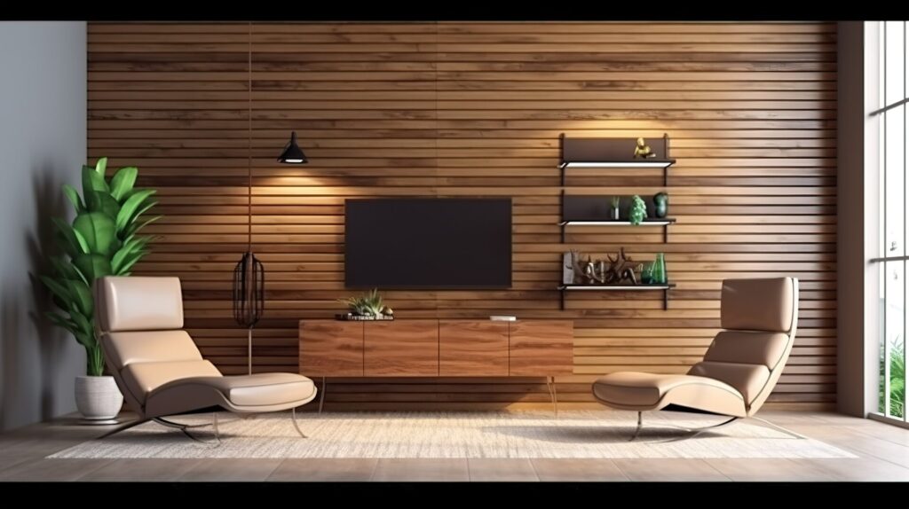 O que é parede ripada e como decorar seu apartamento novo! Ambiente com parede ripada iluminado com luminária e luz indireta