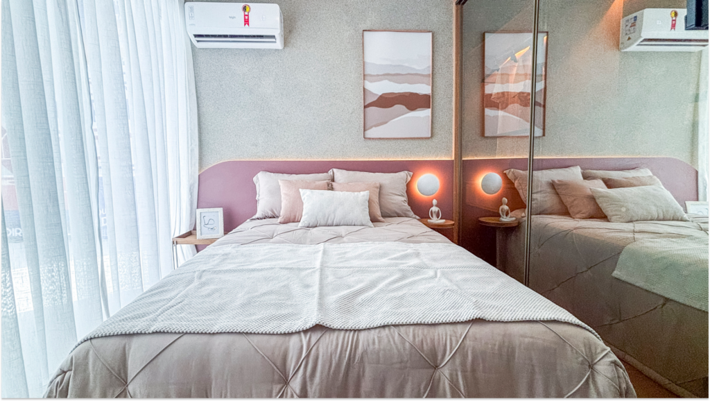 Como utilizar os tipos de iluminação em casa Quarto decorado do Vert Alcantara, empreendimento da Direcional no Rio de Janeiro/RJ