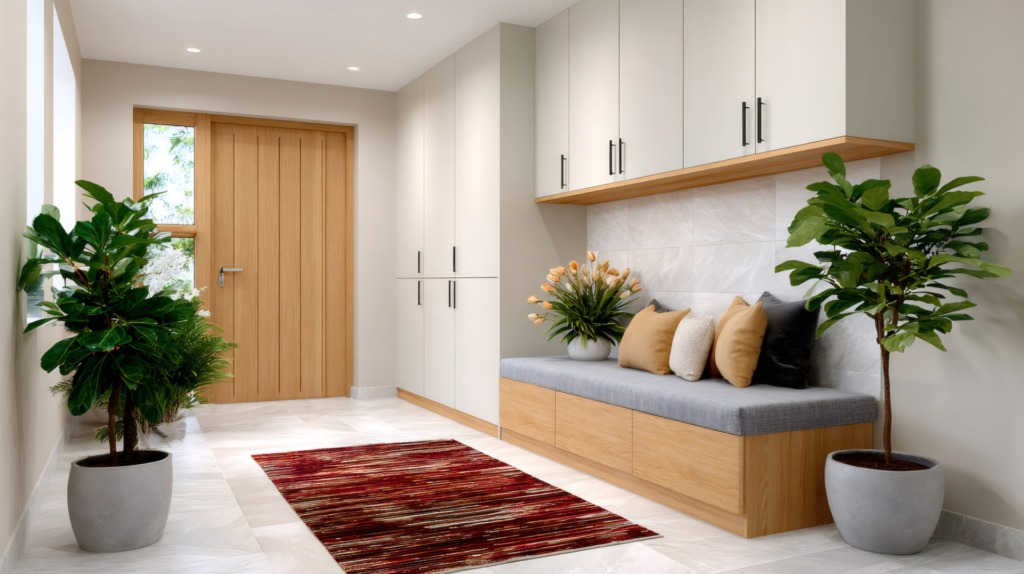 Móveis multifuncionais: o que são, como escolher e usos inteligentes para sua casa Móveis multifuncionais: Banco na entrada da casa com espaço para armazenamento