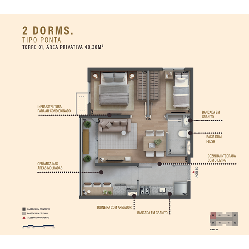 Planta oficial integral do apartamento Tipo Ponta de 40,30 m², 2 dormitórios