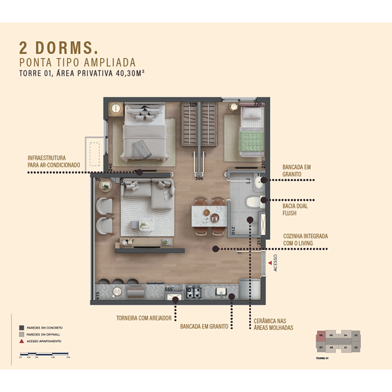 Planta oficial integral do Tipo Ponta Ampliado, 40,30 m², 2 dormitórios