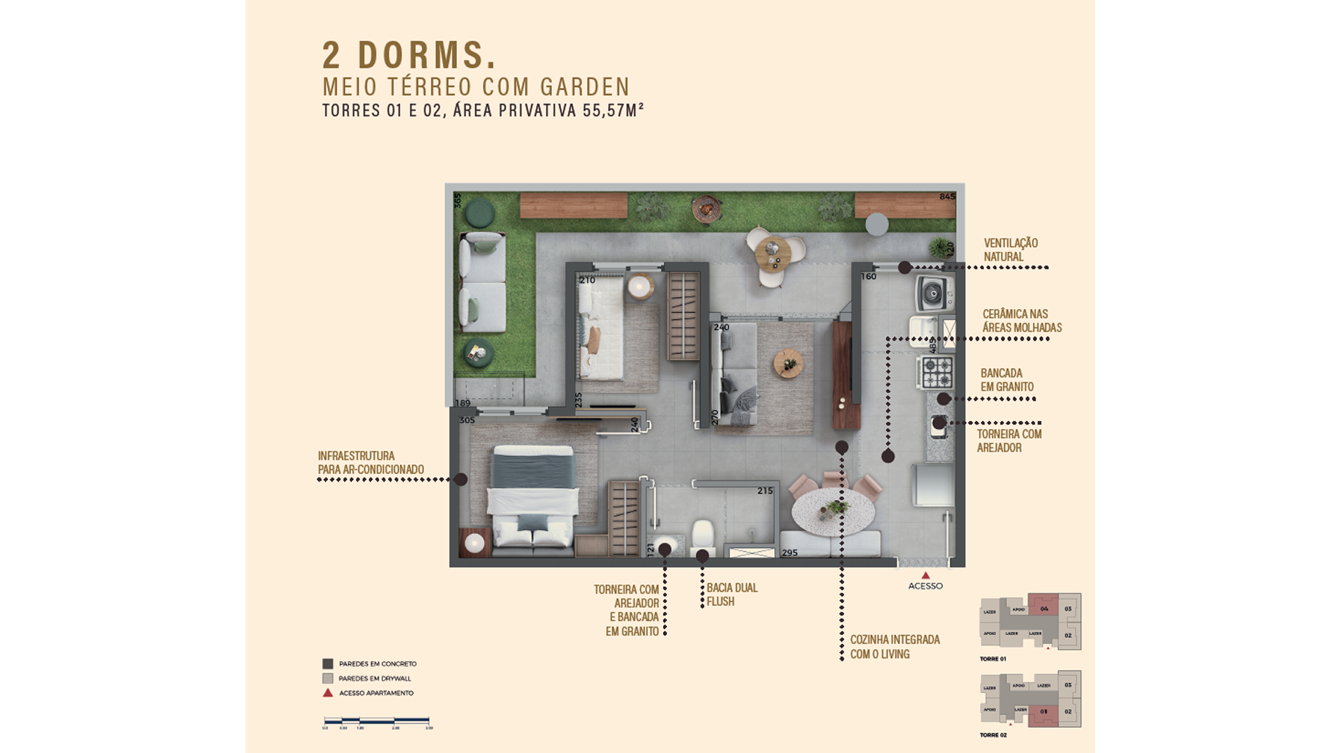 Planta oficial integral da unidade Garden de 55,57 m²