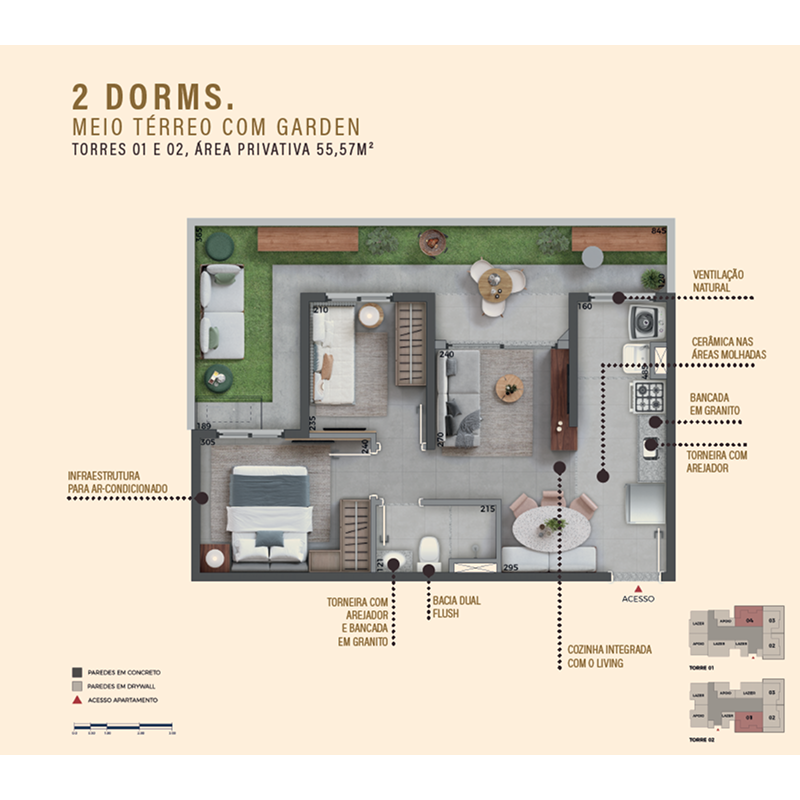 Planta oficial integral do Meio Térreo com Garden, 55,57 m², 2 dormitórios