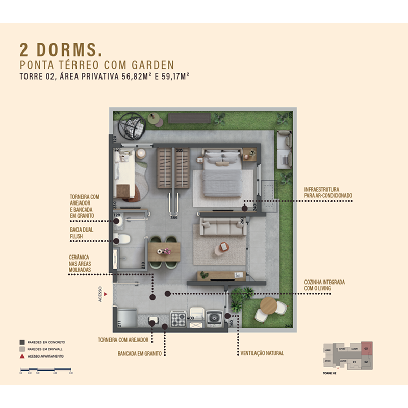 Planta oficial integral do Ponta Térreo com Garden, áreas totais de 56,82 m² ou 59,17 m²