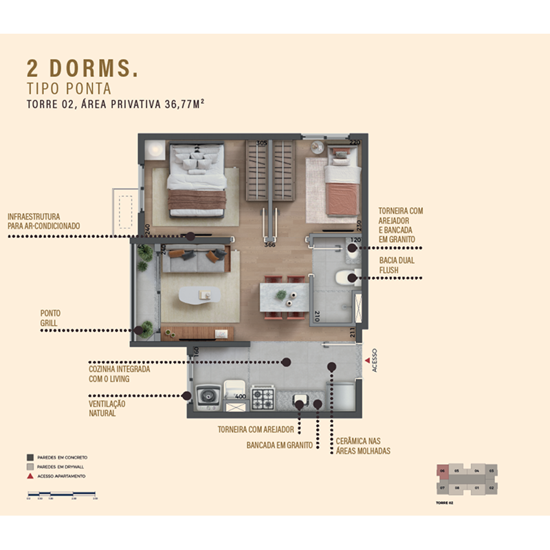 Planta oficial integral do Tipo Ponta, 36,77 m², 2 dormitórios