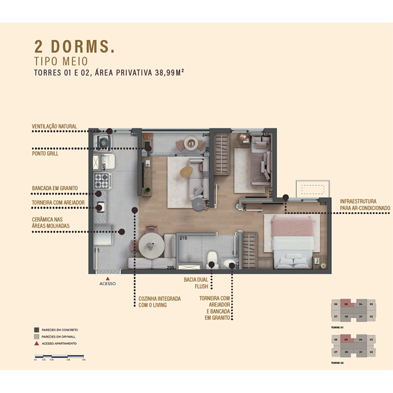 Planta oficial integral do Tipo Meio, 38,99 m², 2 dormitórios